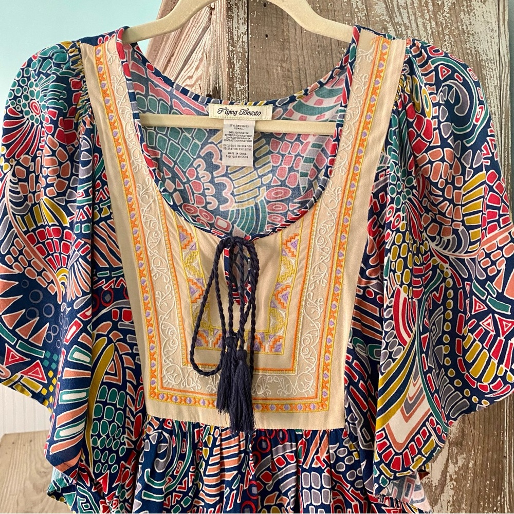 Multicolor Patterned Boho Flutter Sleeve Mini Dre… - image 2